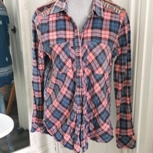 girl krazy coastalcowgirl pink and blue plaid beaded button up. Size large. EUC